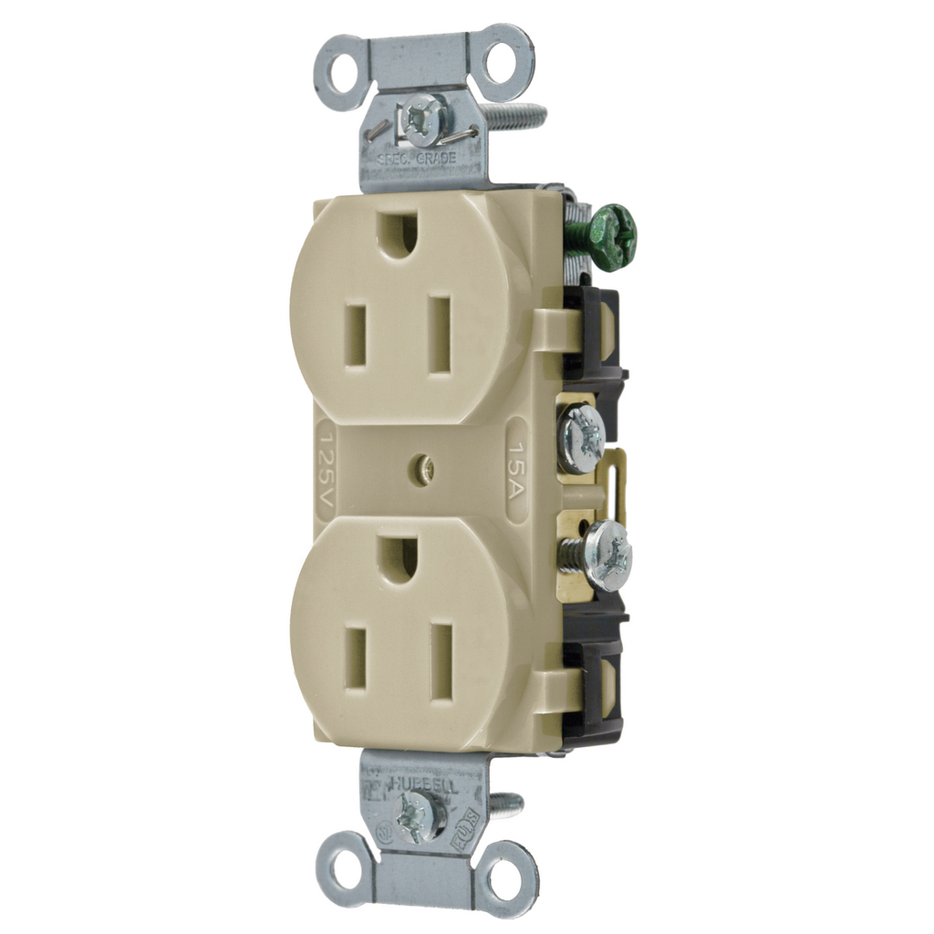 Hubbell Wiring Devices CR15I 15 Amp 125 Volt 2-Pole 3-Wire NEMA 5-15R Ivory Straight Blade Duplex Receptacle Hubbell Wiring Devices CR15I 15 Amp 125 Volt 2-Pole 3-Wire NEMA 5-15R Ivory Straight Blade Duplex Receptacle