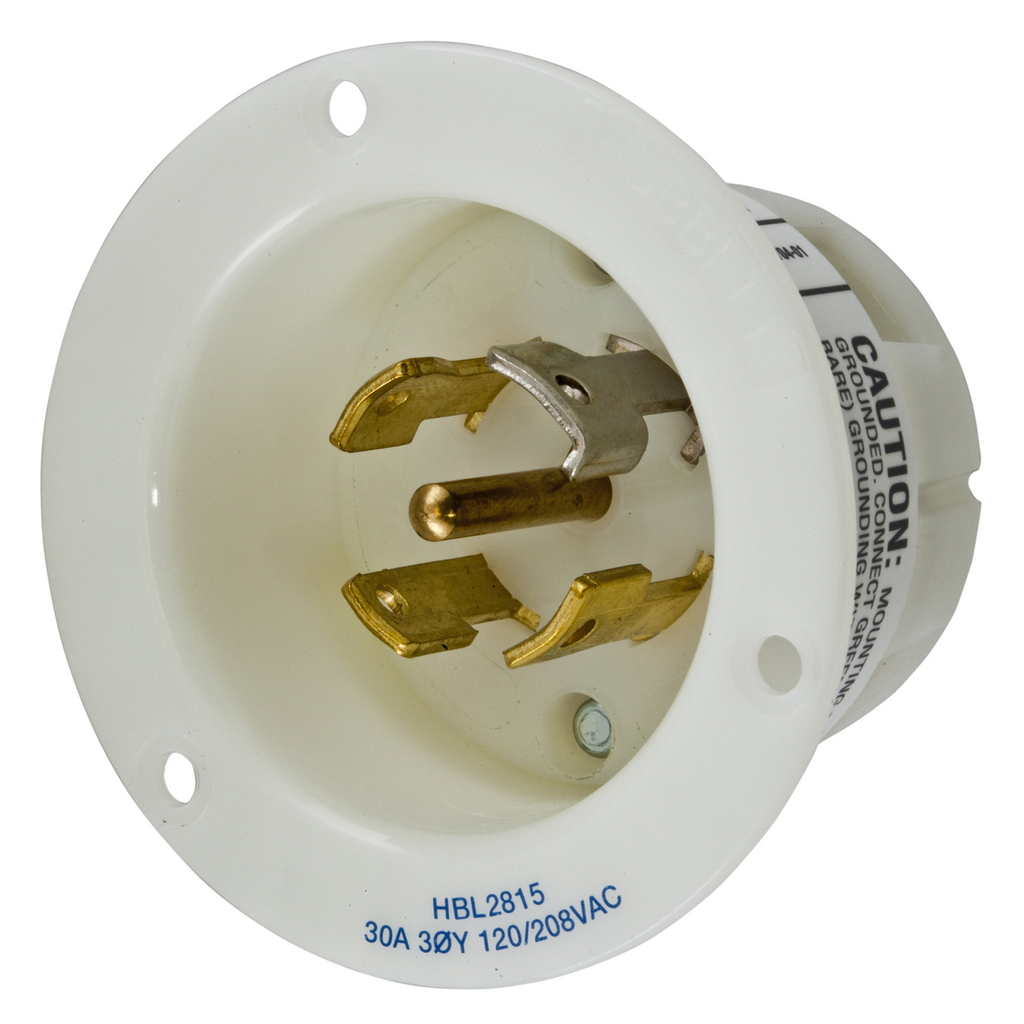 Hubbell Wiring Devices HBL2815 30 Amp 120/208 VAC 4-Pole 5-Wire NEMA L21-30P White Locking Flanged Inlet Hubbell Wiring Devices HBL2815 30 Amp 120/208 VAC 4-Pole 5-Wire NEMA L21-30P White Locking Flanged Inlet