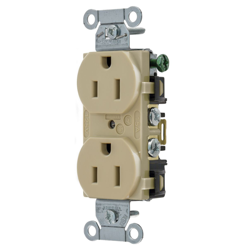 Hubbell Wiring Devices 5252AI 15 Amp 125 Volt 2-Pole 3-Wire NEMA 5-15R Ivory Straight Blade Duplex Receptacle Hubbell Wiring Devices 5252AI 15 Amp 125 Volt 2-Pole 3-Wire NEMA 5-15R Ivory Straight Blade Duplex Receptacle