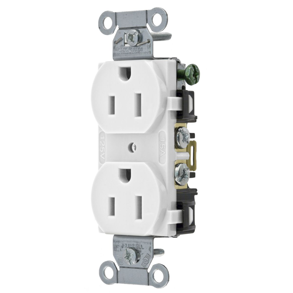 Hubbell Wiring Devices 5252AW 15 Amp 125 Volt 2-Pole 3-Wire NEMA 5-15R White Straight Blade Duplex Receptacle Hubbell Wiring Devices 5252AW 15 Amp 125 Volt 2-Pole 3-Wire NEMA 5-15R White Straight Blade Duplex Receptacle