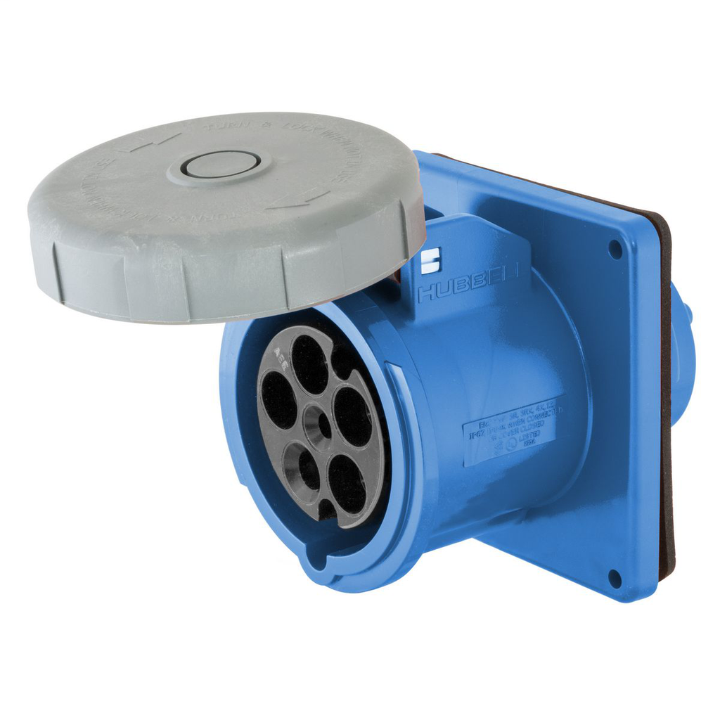 Hubbell Wiring Devices HBL5100R9W 100 Amp 120/208 Volt 4-Pole 5-Wire Blue Watertight IEC Pin and Sleeve Receptacle Hubbell Wiring Devices HBL5100R9W 100 Amp 120/208 Volt 4-Pole 5-Wire Blue Watertight IEC Pin and Sleeve Receptacle