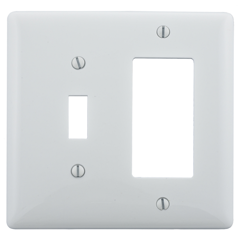 Hubbell Wiring Devices NP126W 2-Gang White Nylon Standard 1-Toggle 1-Decorator Switch Combination Wallplate Hubbell Wiring Devices NP126W 2-Gang White Nylon Standard 1-Toggle 1-Decorator Switch Combination Wallplate