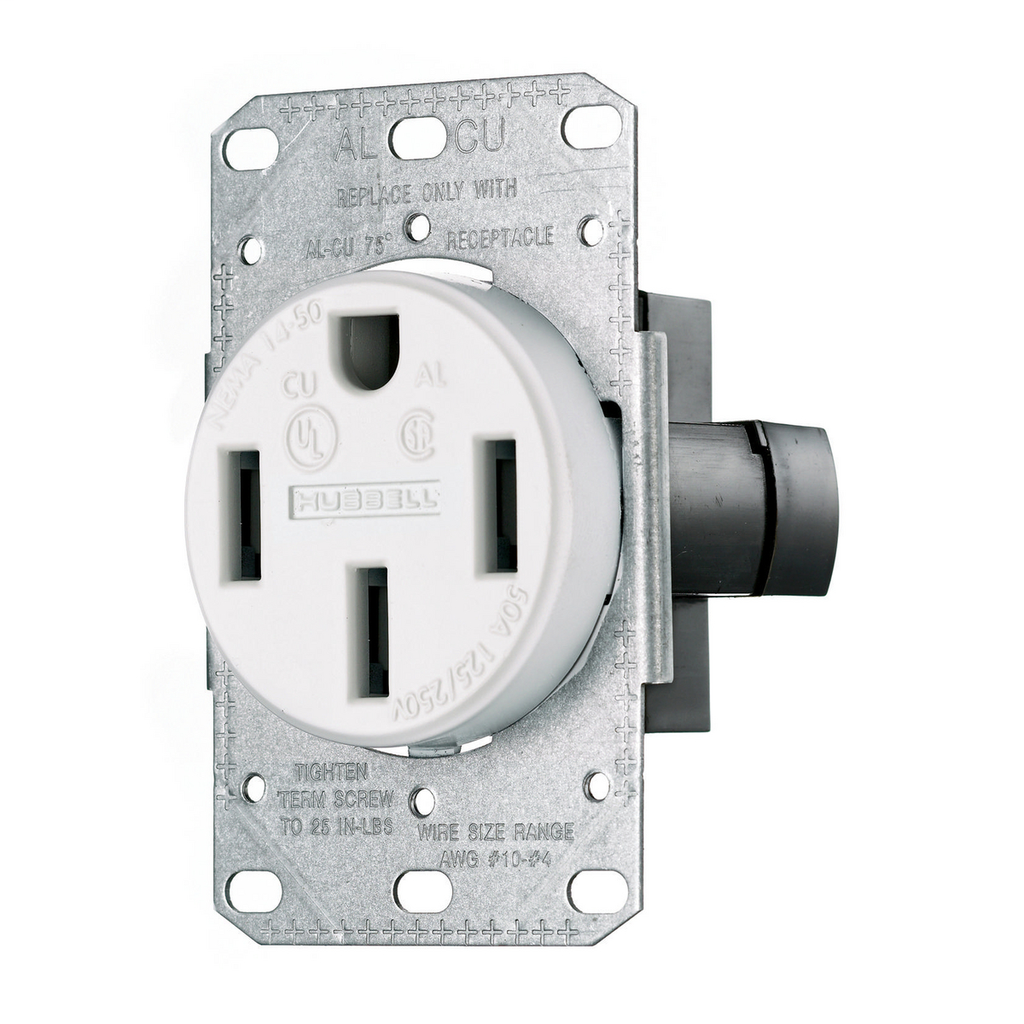 Hubbell Wiring Devices RR450FW 50 Amp 125/250 Volt 3-Pole 4-Wire NEMA 14-50R White Range and Dryer Power Receptacle Hubbell Wiring Devices RR450FW 50 Amp 125/250 Volt 3-Pole 4-Wire NEMA 14-50R White Range and Dryer Power Receptacle