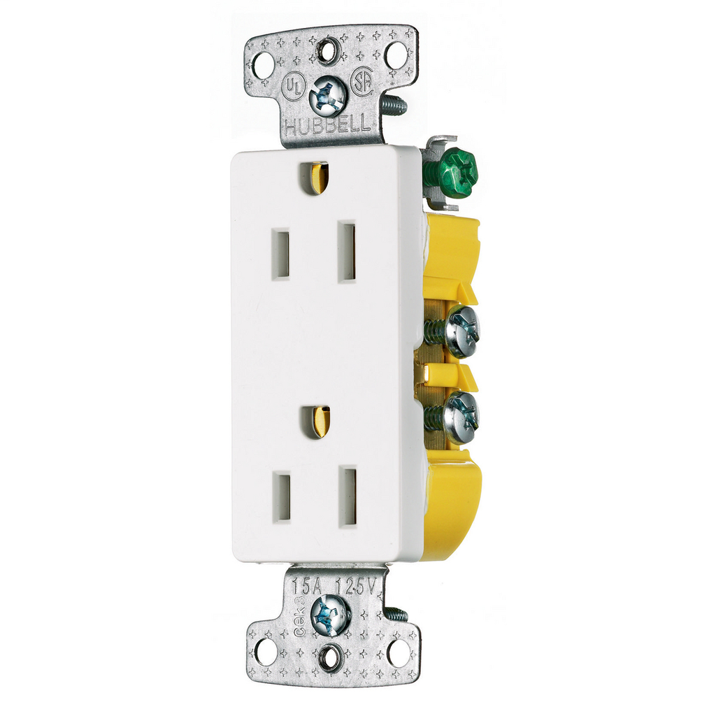 Hubbell Wiring Devices RRD15W 15 Amp 125 Volt 2-Pole 3-Wire NEMA 5-15R White Decorator Duplex Receptacle Hubbell Wiring Devices RRD15W 15 Amp 125 Volt 2-Pole 3-Wire NEMA 5-15R White Decorator Duplex Receptacle