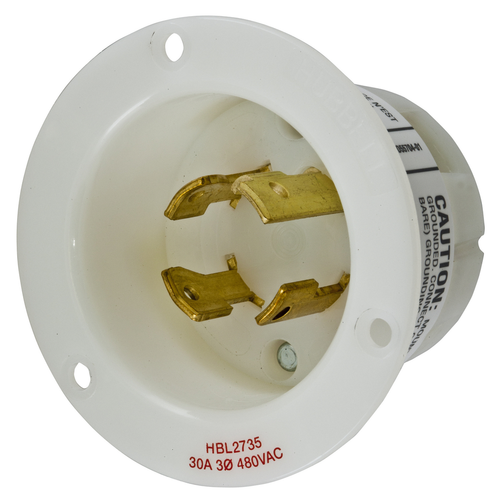 Hubbell Wiring Devices HBL2735 30 Amp 480 Volt 3-Pole 4-Wire NEMA L16-30P White Locking Flanged Inlet Hubbell Wiring Devices HBL2735 30 Amp 480 Volt 3-Pole 4-Wire NEMA L16-30P White Locking Flanged Inlet