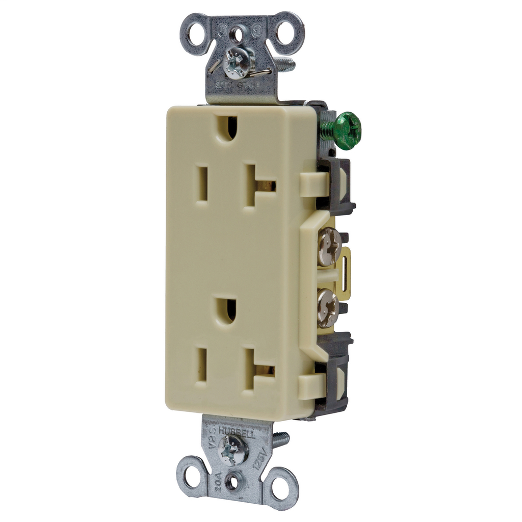Hubbell Wiring Devices DR20I 20 Amp 125 Volt 2-Pole 3-Wire NEMA 5-20R Ivory Decorator Straight Blade Receptacle Hubbell Wiring Devices DR20I 20 Amp 125 Volt 2-Pole 3-Wire NEMA 5-20R Ivory Decorator Straight Blade Receptacle