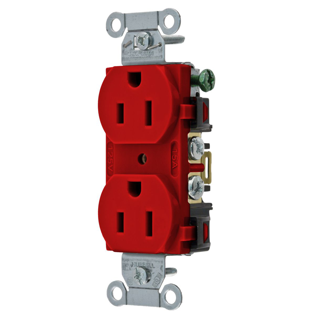 Hubbell Wiring Devices 5252AR 15 Amp 125 Volt 2-Pole 3-Wire NEMA 5-15R Red Straight Blade Duplex Receptacle Hubbell Wiring Devices 5252AR 15 Amp 125 Volt 2-Pole 3-Wire NEMA 5-15R Red Straight Blade Duplex Receptacle