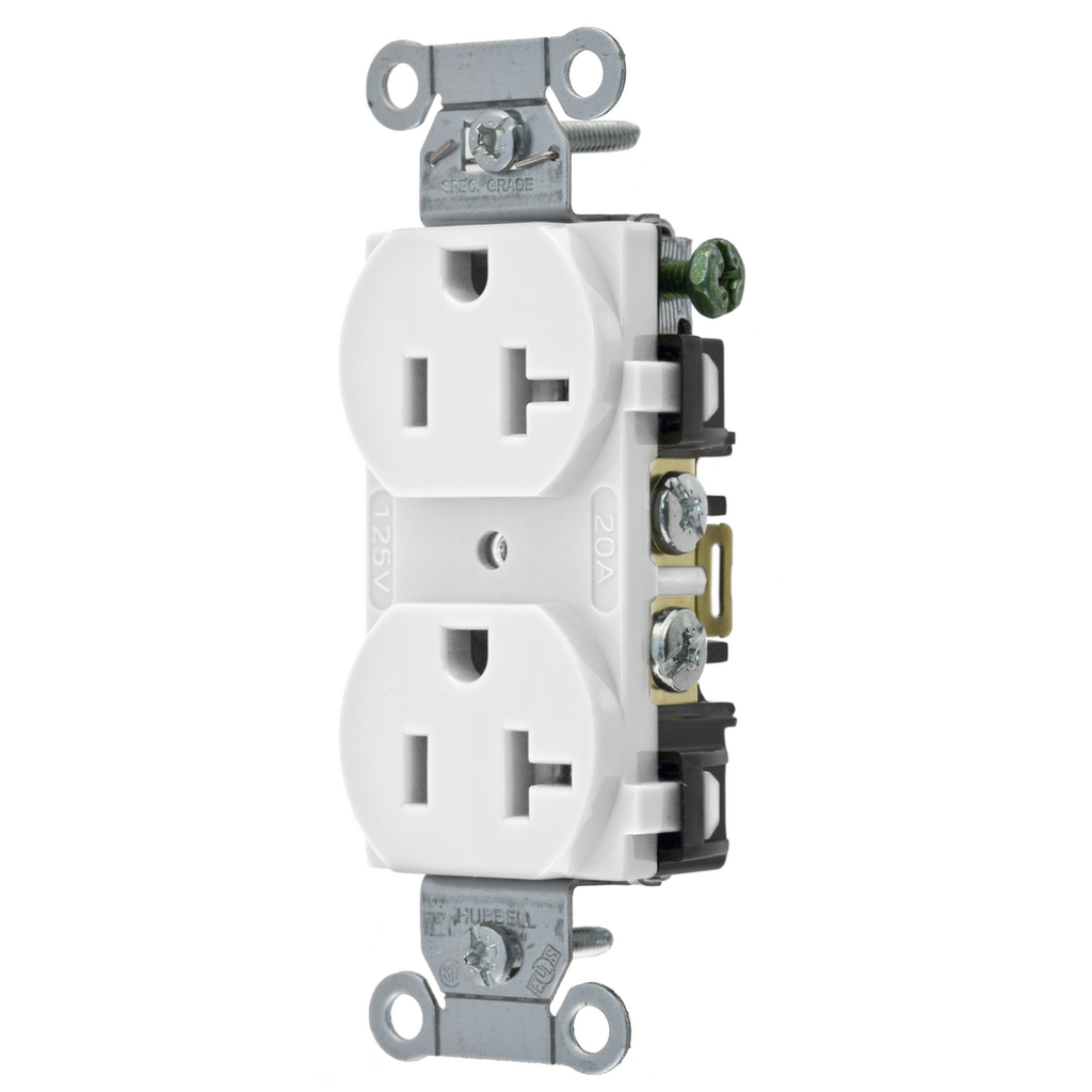 Hubbell Wiring Devices BR20WHI 20 Amp 125 Volt 2-Pole 3-Wire NEMA 5-20R White Nylon Straight Blade Duplex Receptacle Hubbell Wiring Devices BR20WHI 20 Amp 125 Volt 2-Pole 3-Wire NEMA 5-20R White Nylon Straight Blade Duplex Receptacle