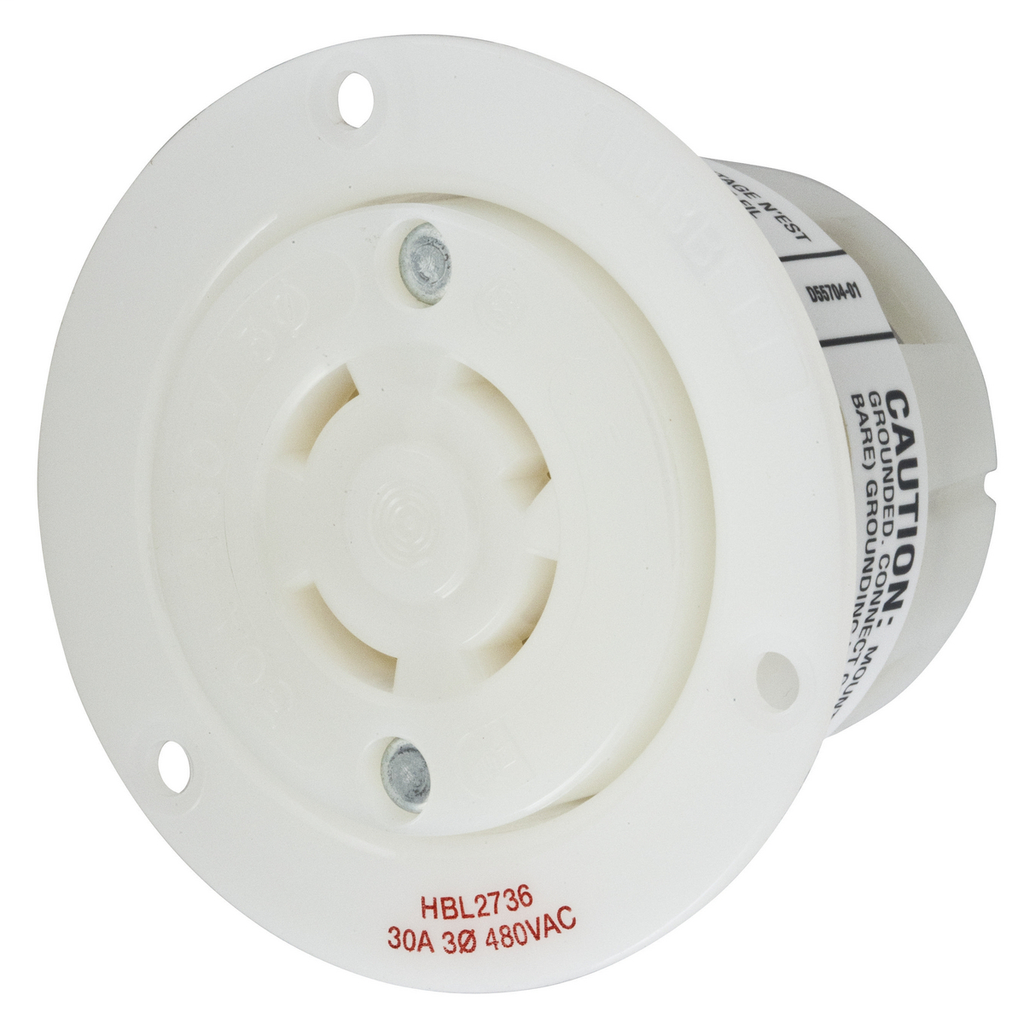 Hubbell Wiring Devices HBL2736 30 Amp 480 Volt 3-Pole 4-Wire NEMA L16-30R White Locking Flanged Receptacle Hubbell Wiring Devices HBL2736 30 Amp 480 Volt 3-Pole 4-Wire NEMA L16-30R White Locking Flanged Receptacle