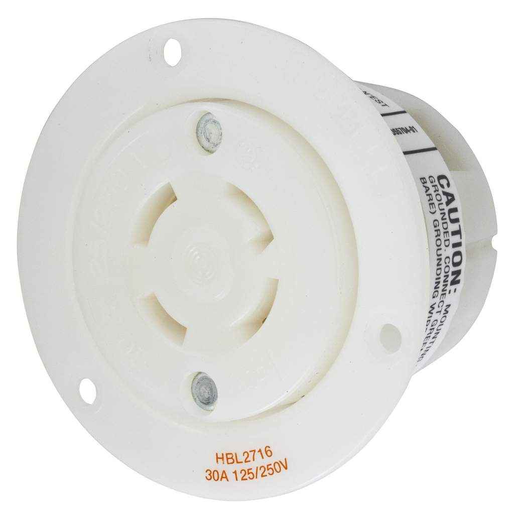 Hubbell Wiring Devices HBL2716 30 Amp 125/250 Volt 3-Pole 4-Wire NEMA L14-30R White Locking Flanged Receptacle Hubbell Wiring Devices HBL2716 30 Amp 125/250 Volt 3-Pole 4-Wire NEMA L14-30R White Locking Flanged Receptacle