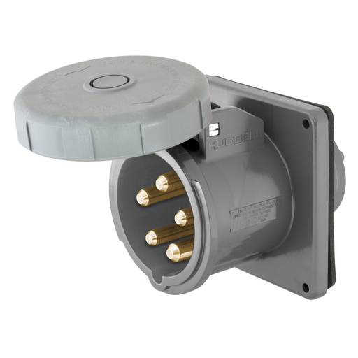 Heavy Duty Products, IEC Pin and Sleeve Devices, Marine Grade, Male, Flanged Inlet, 100A 3-Phase Wye 120/208V AC, 4-Pole 5-Wire Grounding, Terminal Screws, Yellow