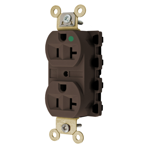 Straight Blade Devices, Receptacles, Duplex, SNAPConnect, Hospital Grade, 20A 125V, 2-Pole 3-Wire Grounding, 5-20R, Nylon, Brown.