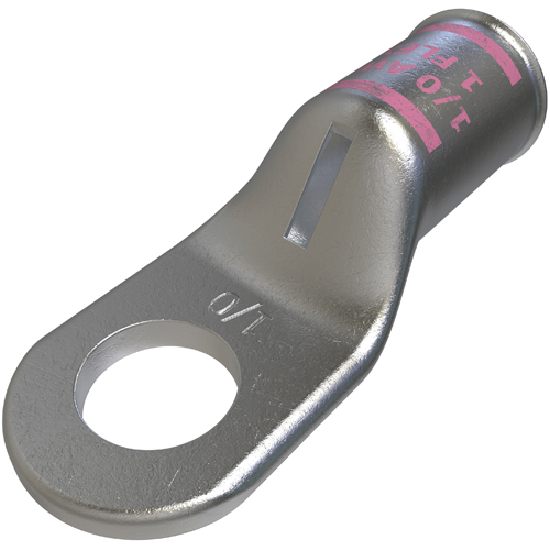 Product image for Ilsco CCL-1/0-38 Copper Compression Lug, Conductor Size 1/0, 1 Hole, 3/8in Bolt Size, Standard Barrel, Sight Window, Tin Plated, UL, CSA