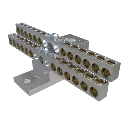 Product image for Ilsco NB-350-24 Aluminum Neutral Bar, Dual Rated, Main Conductor Range 350-6, Tap Range 4-14, 24 Tap Ports, 2 Holes, #10-32 Bolt, Tin Plated, UL, CSA