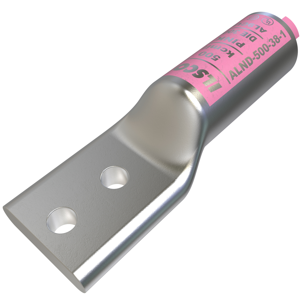 Product image for Ilsco ALND-500-38-1 SureCrimp® Aluminum Compression Lug, Conductor Size 500, 2 Holes, 3/8in Bolt Size, 1in Hole Spacing, Long Barrel, No Sight Window, Tin Plated, UL, CSA