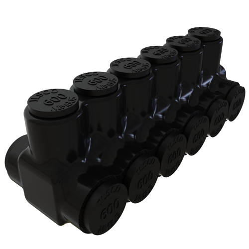 Product image for Ilsco PBTD-6-500 Nimbus Insulated Aluminum Multi-Tap Connector, Conductor Range 600-4, 6 Ports, Dual Sided Entry, Tin Plated, UL, CSA