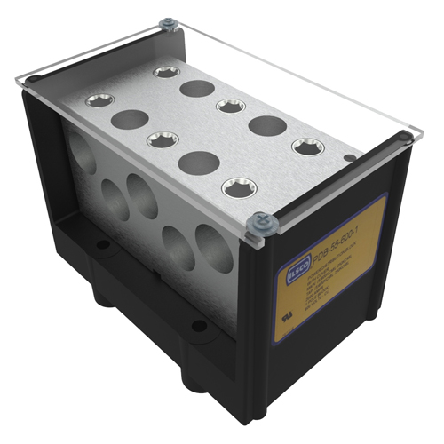Product image for Ilsco PDB-55-600-1 Power Distribution Block, Dual Rated, Line Conductor Range 600-250, Load Range 600-250, 5 Ports Per Pole Line Side, 5 Ports Per Pole Load Side, 1 Pole, UL, CSA, Includes Cover
