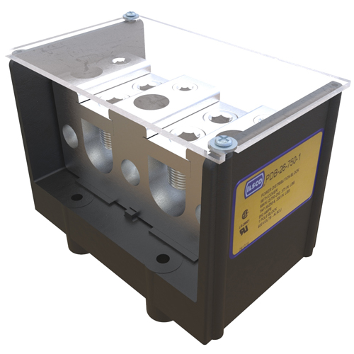Product image for Ilsco PDB-26-750-1 Power Distribution Block, Lay-In, Dual Rated, Line Conductor Range 750-250, Load Range 250-6, 2 Ports Per Pole Line Side, 6 Ports Per Pole Load Side, 1 Pole, UL, CSA, Includes Cover