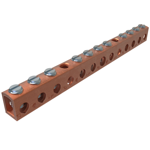 Product image for Ilsco D167-10 Copper Neutral Bar, Conductor Range 4-14 Main, 6-14 Tap, 11 Ports