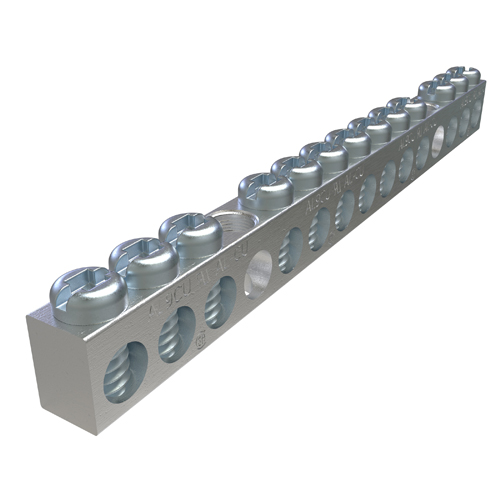 Product image for Ilsco NBAS-013-2-A Aluminum Neutral Bar, Dual-Rated, 13-Circuit, Headed Slot Drive / Square Drive Screw. Conductor Range: #4-#14