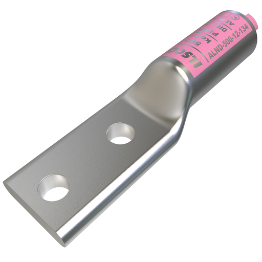 Mayer-DDS-Surecrimp Aluminum Compression Lug, Conductor Size 500, 2 Holes, 1/2in Bolt Size, 1-3/4in Hole Spacing, Long Barrel, No Sight Window, Tin Plated, UL, CSA-1
