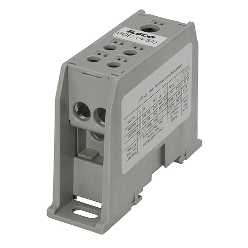 Product image for Ilsco PDE-14-3/0 Power Distribution Block, High SCCR, Dual Rated, Line Conductor Range 3/0-14, Load Range 2-14, 1 Port Per Pole Line Side, 4 Ports Per Pole Load Side, 1 Pole, UL, CSA, Din Rail Mountable