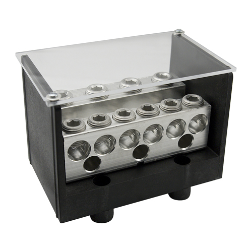 Product image for Ilsco PDBU-49-500-1 Power Distribution Block, Dual Rated, Line Conductor Range 500-4, Load Range 350-6, 4/0-6, 4 Ports Per Pole Line Side, 9 Ports Per Pole Load Side, 1 Pole, UL, CSA