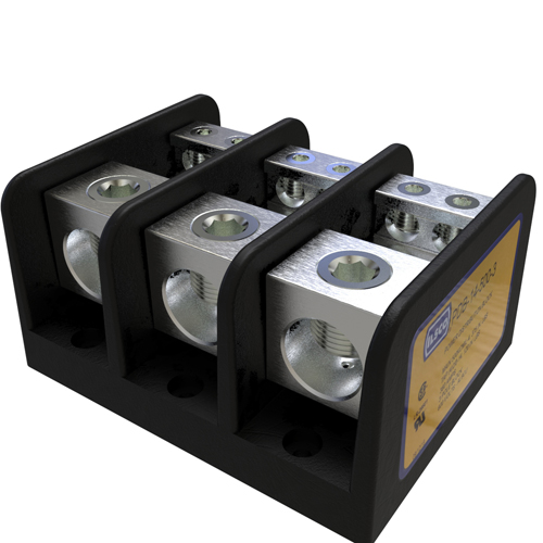 Product image for Ilsco PDB-14-500-3 Power Distribution Block, Dual Rated, Line Conductor Range 500-4, Load Range 2/0-14, 1 Port Per Pole Line Side, 4 Ports Per Pole Load Side, 3 Pole, UL, CSA