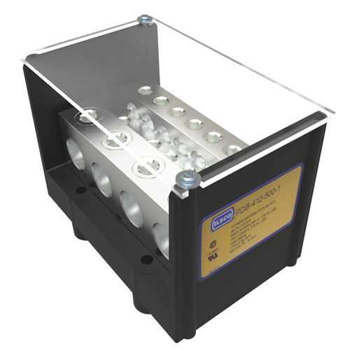 Product image for Ilsco PDB-412-500-1 Power Distribution Block, Dual Rated, Line Conductor Range 500-4, Load Range 4/0-6, 4 Ports Per Pole Line Side, 12 Ports Per Pole Load Side, 1 Pole, UL, CSA, Includes Cover