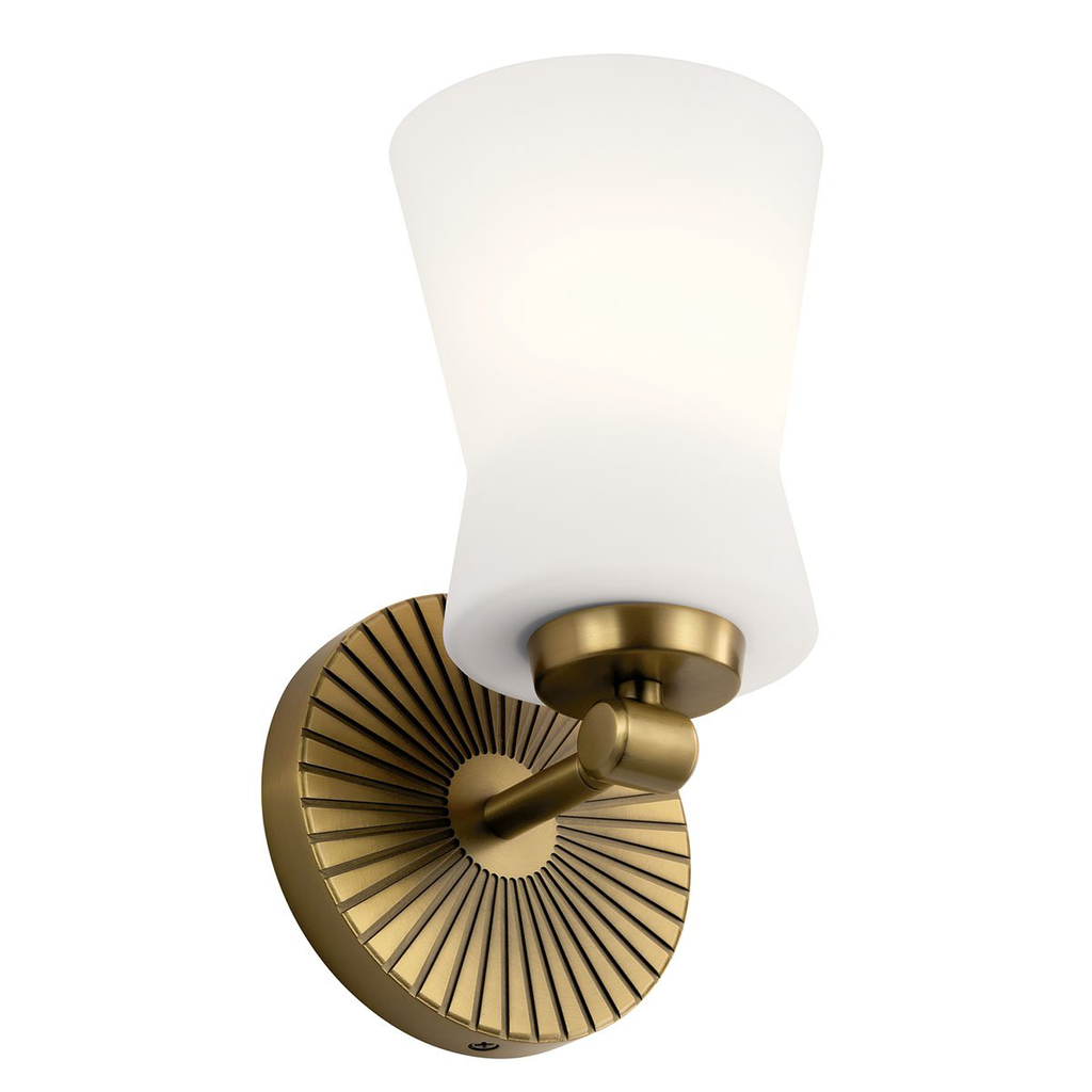 Product image for Kichler 55115BNB Brianne™ 9.5" 1 Light Wall Sconce with Satin Etched Cased Opal Glass Brushed Natural Brass