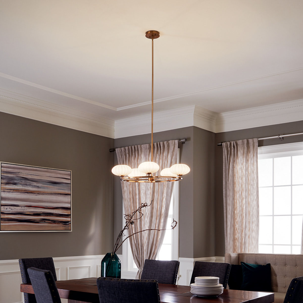 Product image for Kichler 52223FXG Pim™ 40" 5 Light Round Chandelier with Satin Etched Cased Opal Glass Fox Gold