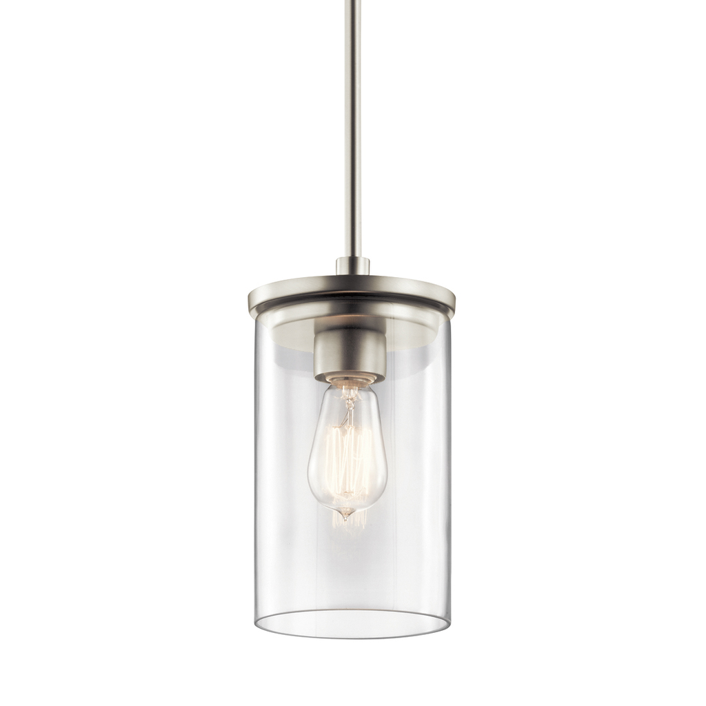 Product image for Kichler 43996NI Crosby 10.75" 1 Light Mini Pendant with Clear Glass Brushed Nickel