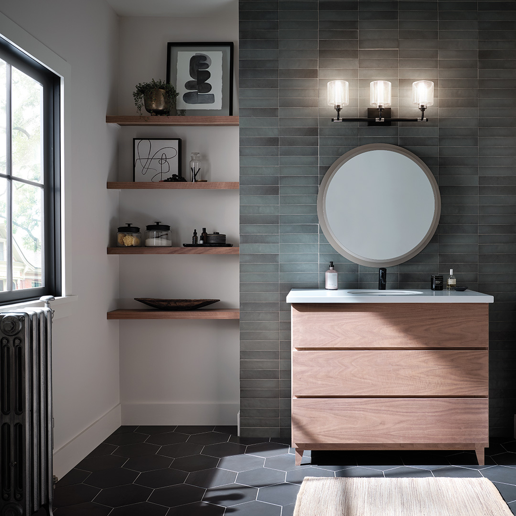 Product image for Kichler 55107BK Harvan™ 25" 3 Light Vanity Light with Clear Ribbed Glass Black