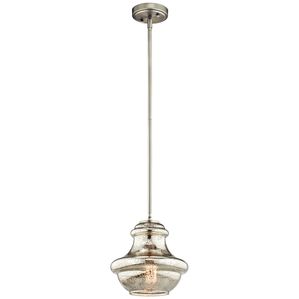 Product image for Kichler 42167NIMER Everly™ 9.25" 1 Light Mini Schoolhouse Pendant Mercury Glass Brushed Nickel