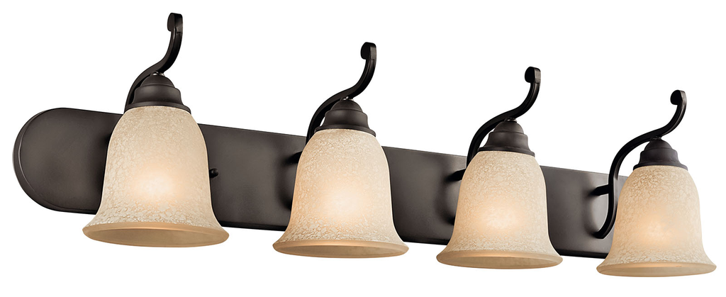 Product image for Kichler 45424OZ Camerena™ 36" 4 Light Vanity Light with White Scavo with Light Umber Inside Tint Glass Olde Bronze®