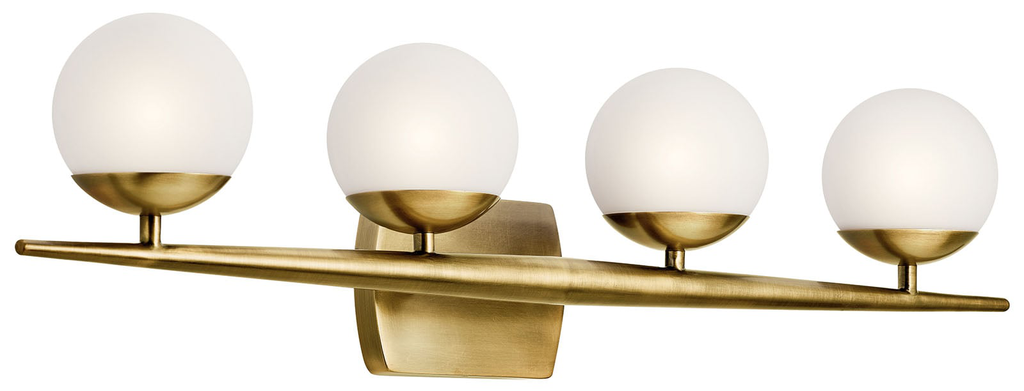 Product image for Kichler 45583NBR Jasper 32.25" 4 Light Halogen Vanity Light with Satin Etched Cased Opal Glass Natural Brass