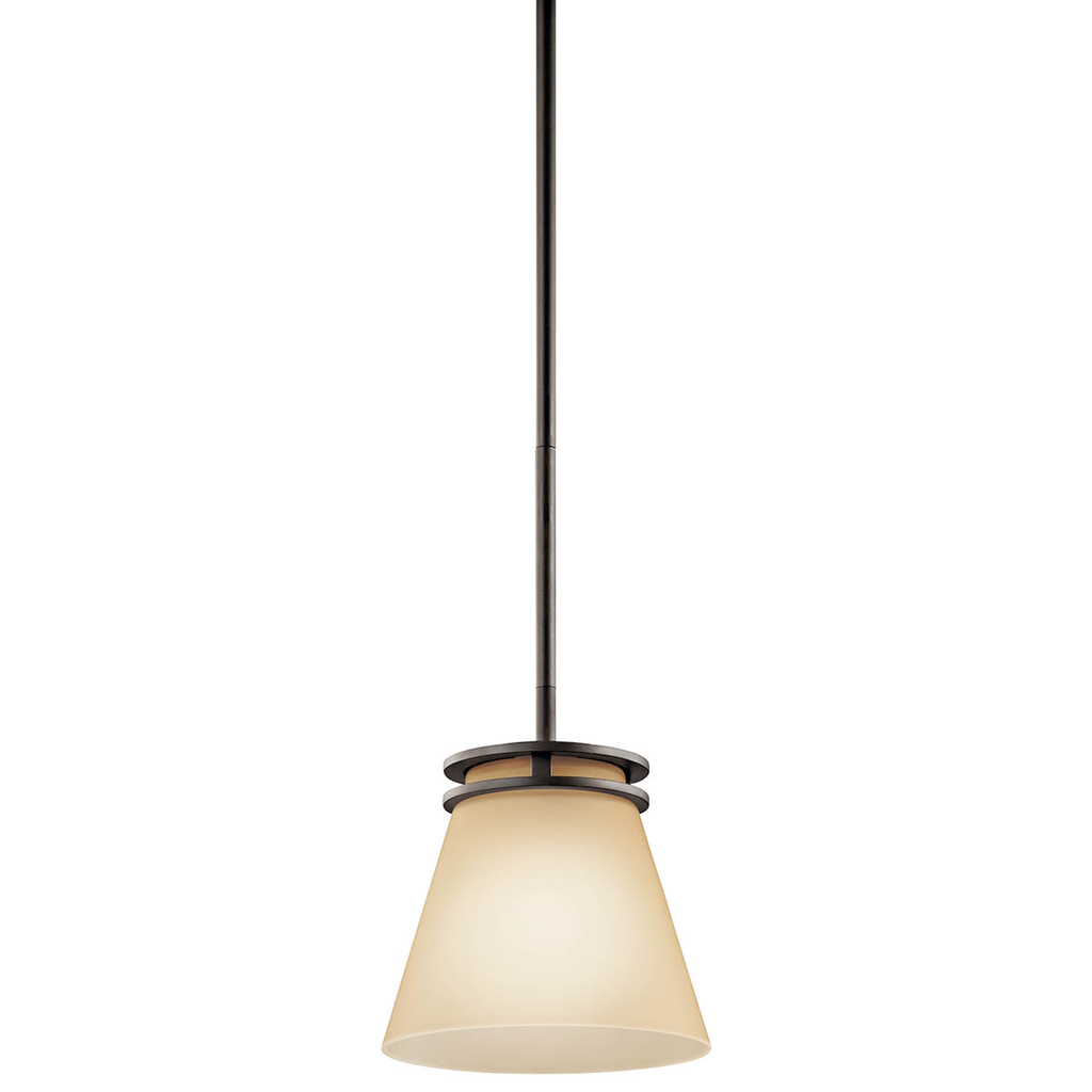 Product image for Kichler 1687OZ Hendrik™ 8.75" 1 Light Mini Pendant with Light Umber Etched Glass Olde Bronze®