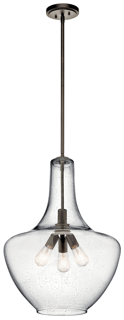 Product image for Kichler 42198OZ Everly™ 27.5" 3 Light Bell Pendant Clear Seeded Glass Olde Bronze®
