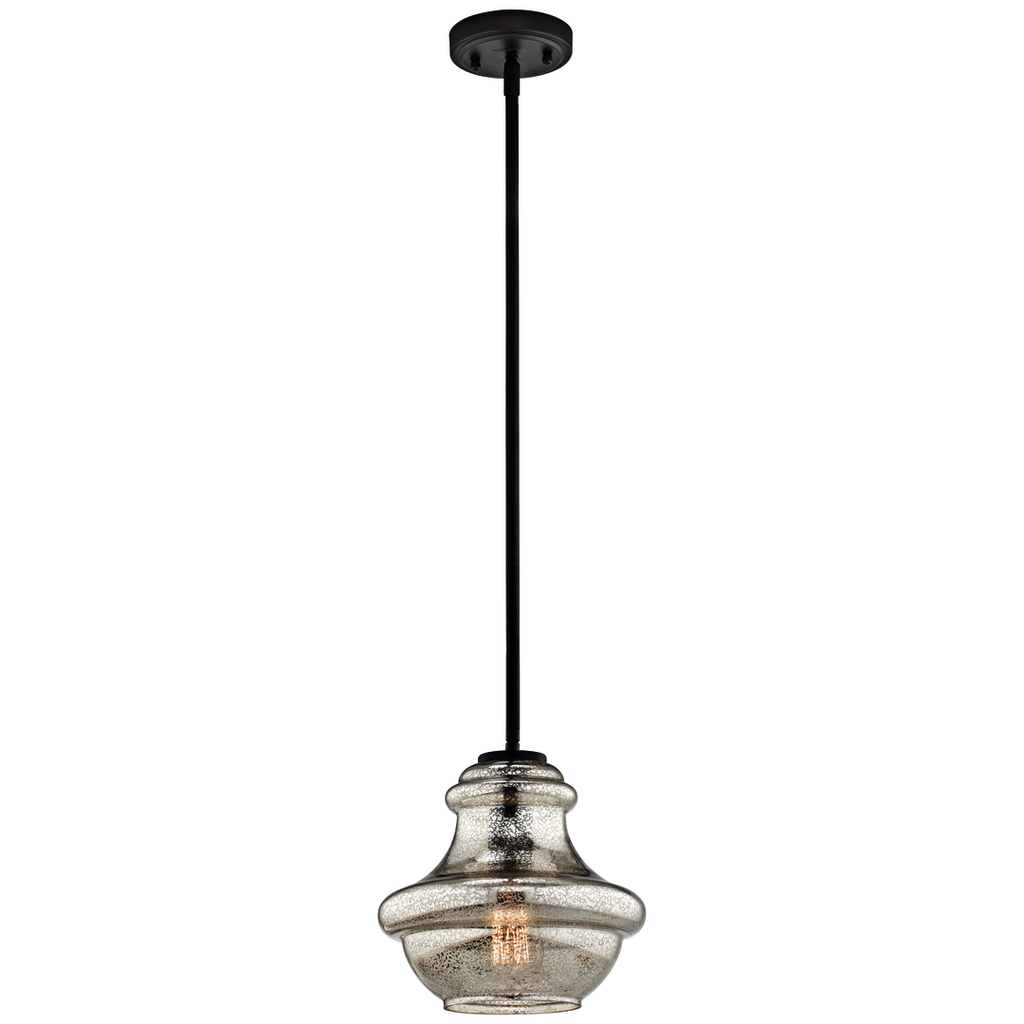 Product image for Kichler 42167OZMER Everly™ 9.25" 1 Light Mini Schoolhouse Pendant Mercury Glass Olde Bronze®