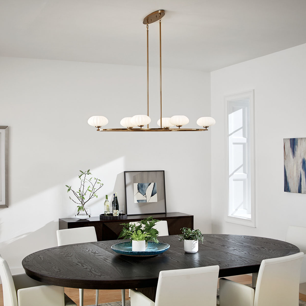 Product image for Kichler 52224FXG Pim™ 39" 6 Light Oval Chandelier with Satin Etched Cased Opal Glass Fox Gold