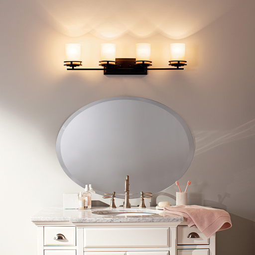 Product image for Kichler 5079OZ Hendrik™ 33.75" 4 Light Vanity with Light Umber Etched Glass Olde Bronze®