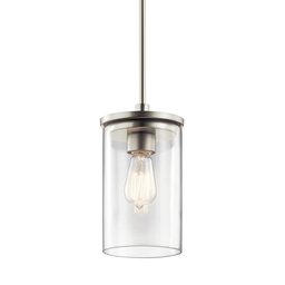 Product image for Kichler 43996NI Crosby 10.75" 1 Light Mini Pendant with Clear Glass Brushed Nickel