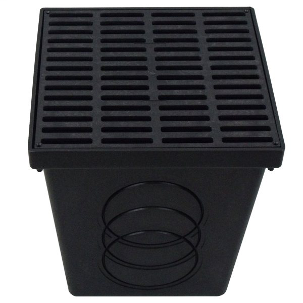 Square Catch Basins - 9" Drain Box With Grate And 2 Seals - Black