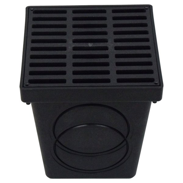 Square Catch Basins - 9" Drain Box With Grate And 2 Seals - Black