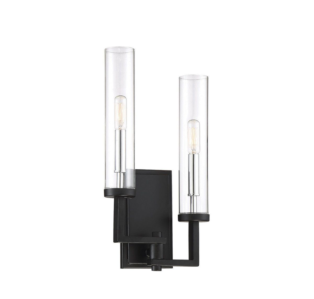 Folsom 2 Light Wall Sconce, Matte Black with Polished Chrome Accents