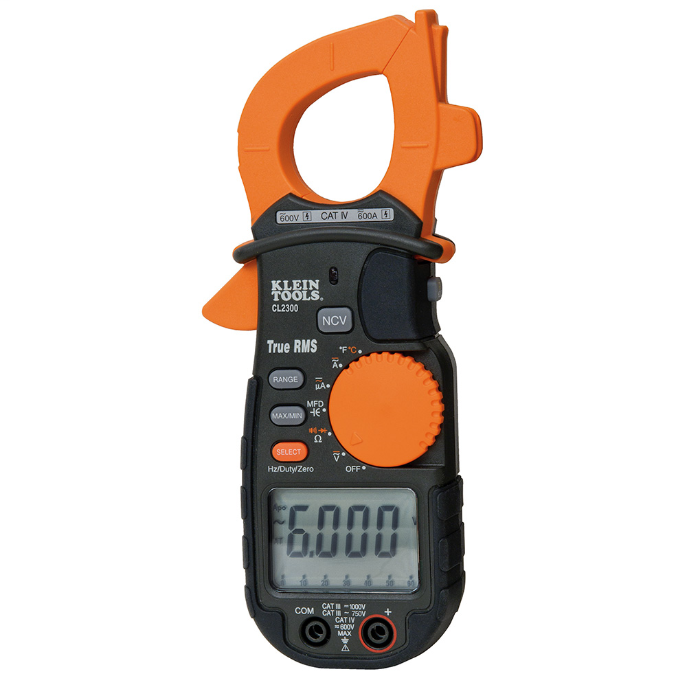 Product image for Klein Tools CL2300 2.56 x 1.38 x 7.65 Inch 600 Amp 750 VAC 1000 VDC 2 x AAA Battery Clamp Meter