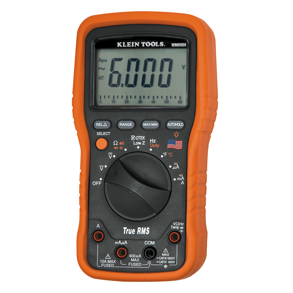 Product image for Klein Tools MM6000 3.5 x 1.875 x 7 Inch 10 Amp 1000 VAC/VDC 2 x AAA Battery Digital Electrician/HVAC True RMS Multimeter