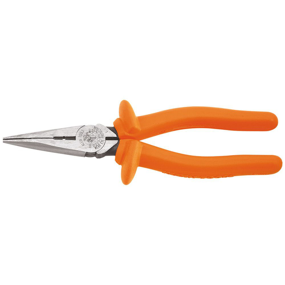 Klein Tools D203-8N-INS 2-5/16 x 1 x 1/2 Inch Orange Insulated Handle Side Cutting Heavy Duty Long Nose Pliers Klein Tools D203-8N-INS 2-5/16 x 1 x 1/2 Inch Orange Insulated Handle Side Cutting Heavy Duty Long Nose Pliers