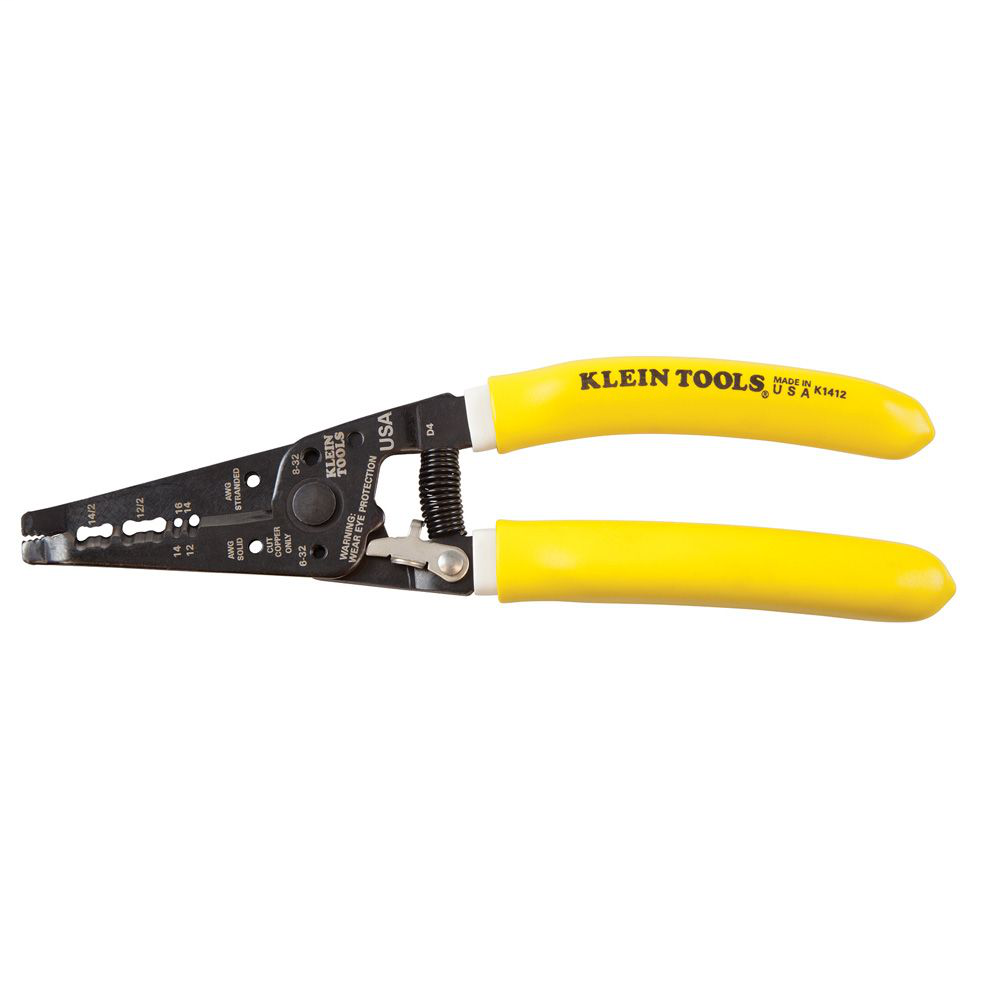 Klein Tools K1412 7-3/4 Inch 12 and 14 AWG Yellow/White Handle NM-B Dual Cable Stripper/Cutter Klein Tools K1412 7-3/4 Inch 12 and 14 AWG Yellow/White Handle NM-B Dual Cable Stripper/Cutter