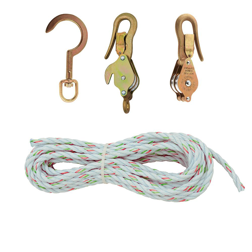 Klein Tools H1802-30S 3/8 Inch x 25 Foot 750 lb Galvanized Steel/Aluminum Alloy Rope Block and Tackle with Swivel Anchor Hook Klein Tools H1802-30S 3/8 Inch x 25 Foot 750 lb Galvanized Steel/Aluminum Alloy Rope Block and Tackle with Swivel Anchor Hook